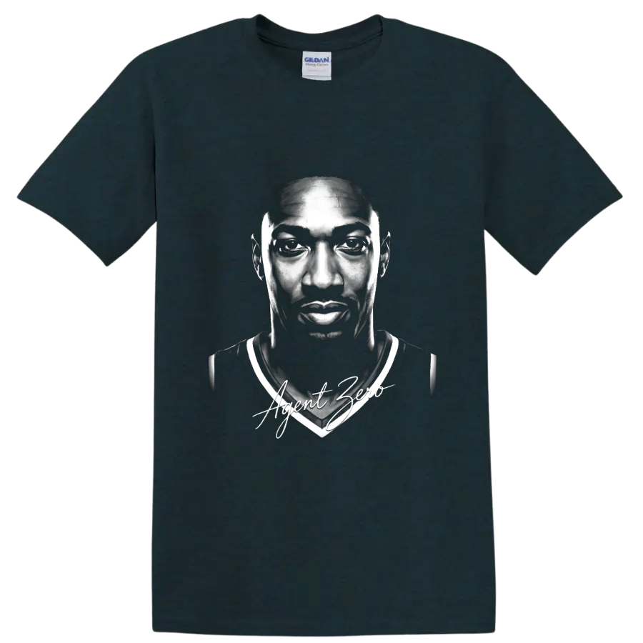 Gilbert Arenas Washington Wizards No. 0 monochrome portrait with Agent Zero script on a Midnight (Green) T Shirt