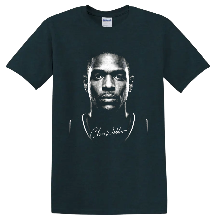 Black-and-white Chris Webber basketball portrait with signature script on a Midnight (Green) T Shirt