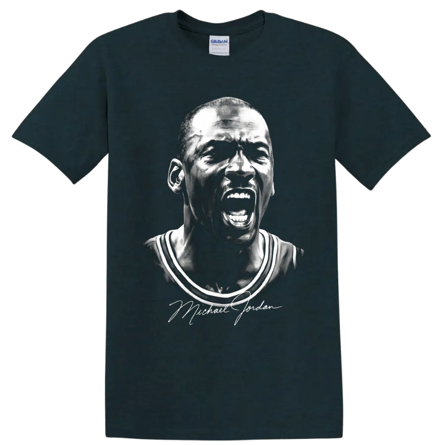 Michael Jordan Chicago Bulls #23 shouting portrait in dramatic black-and-white sketch on a Midnight (Green) T Shirt