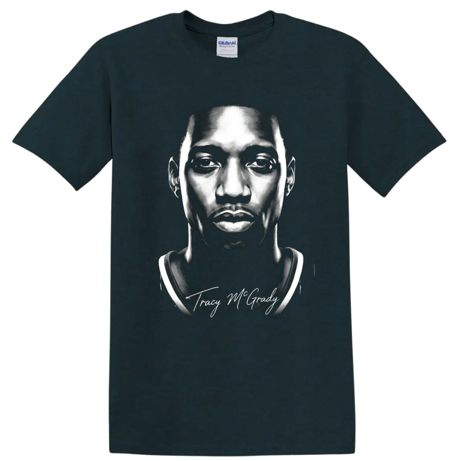 Tracy McGrady black-and-white basketball portrait with signature-style script on a Midnight (Green) T Shirt