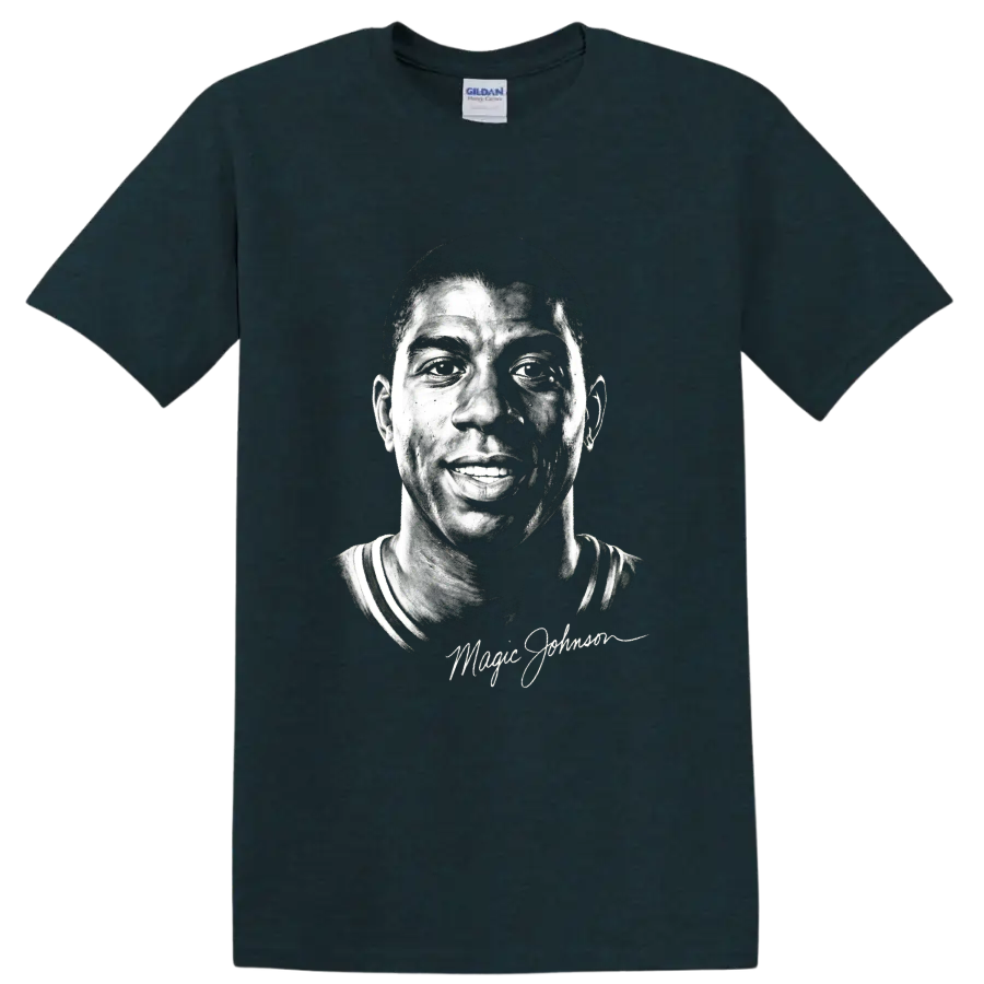 Magic Johnson black-and-white portrait with signature-style script on a Midnight (Green) T Shirt