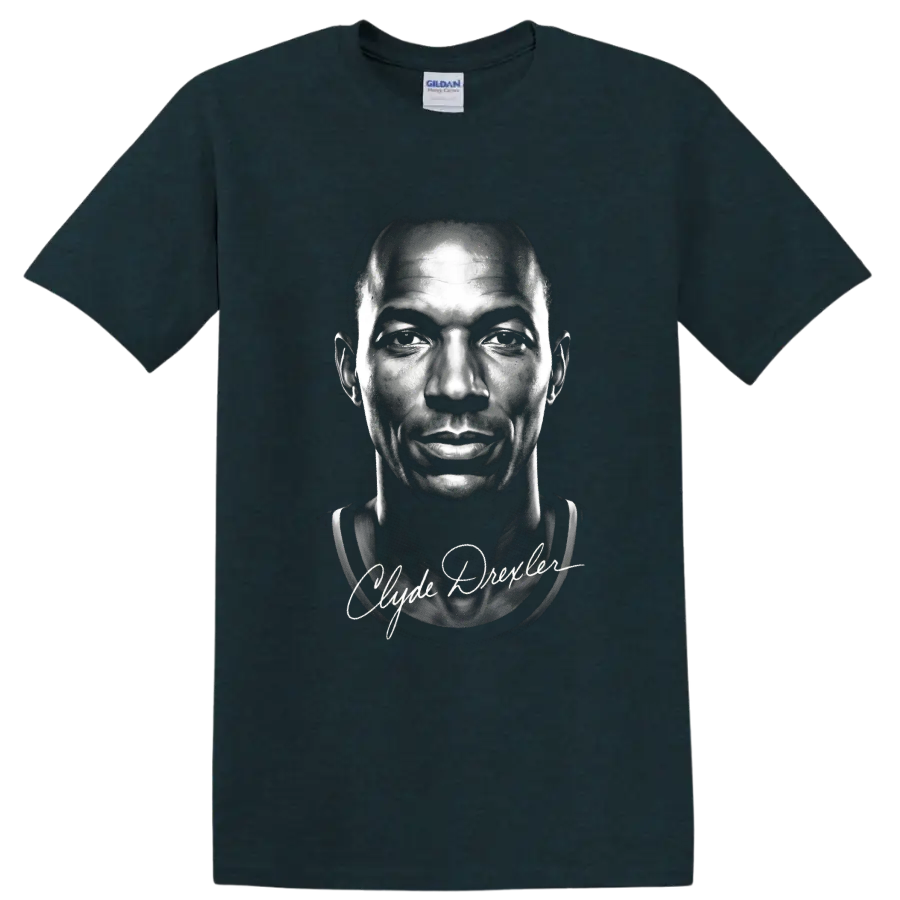 Monochrome Clyde Drexler basketball portrait with Clyde Drexler signature script on a Midnight (Green) T Shirt