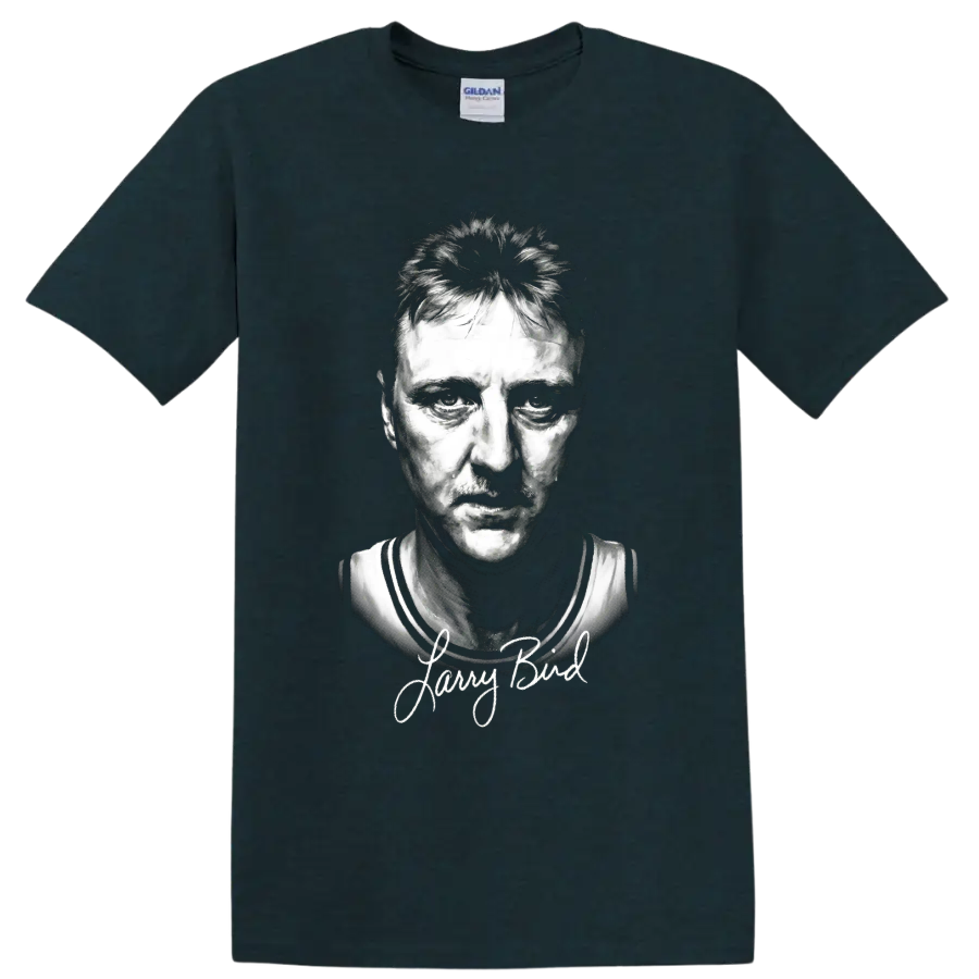 Larry Bird black-and-white basketball portrait with signature-style lettering on a Midnight (Green) T Shirt