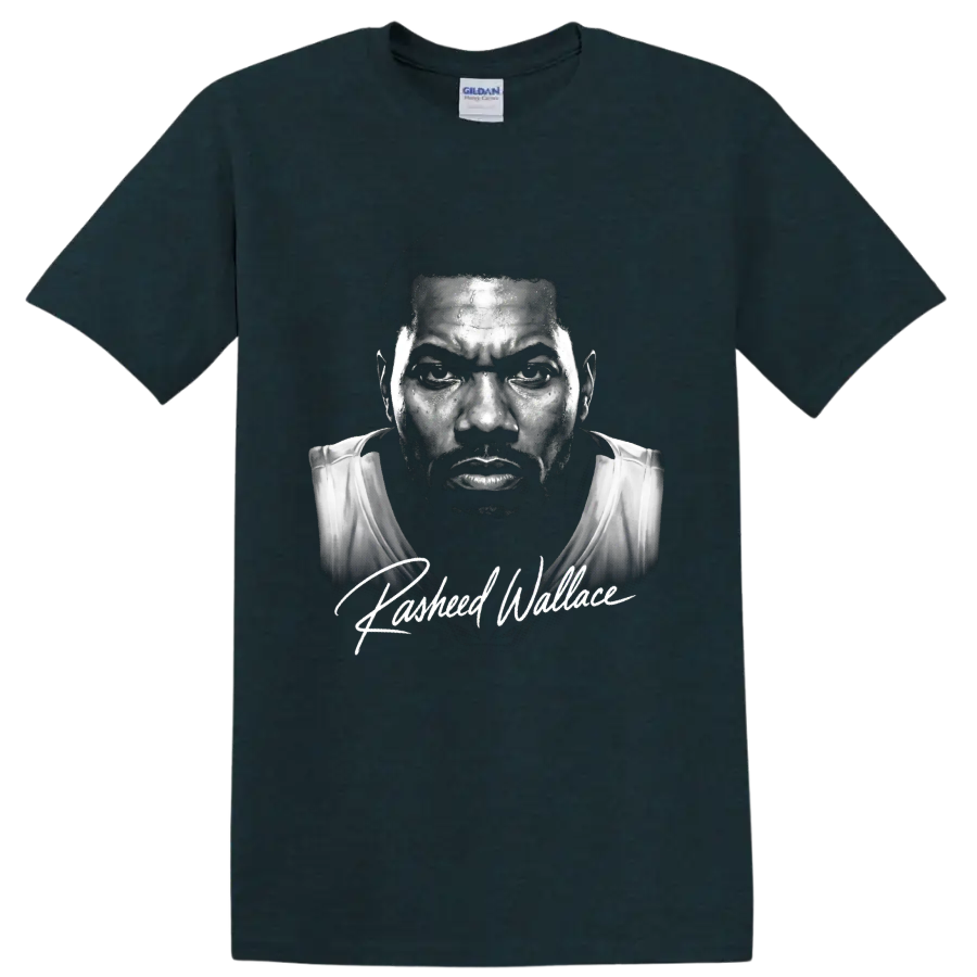 Rasheed Wallace black-and-white basketball portrait with signature-style lettering on a Midnight (Green) T Shirt