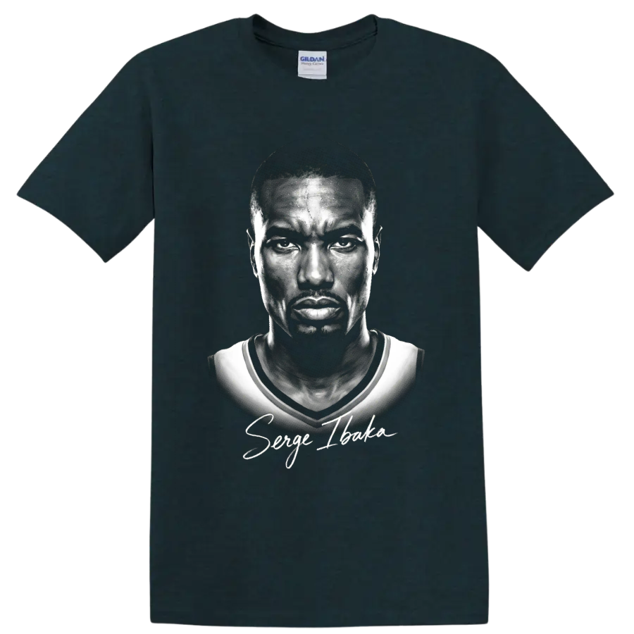 Monochrome Serge Ibaka Oklahoma City Thunder #9 portrait with signature script on a Midnight (Green) T Shirt