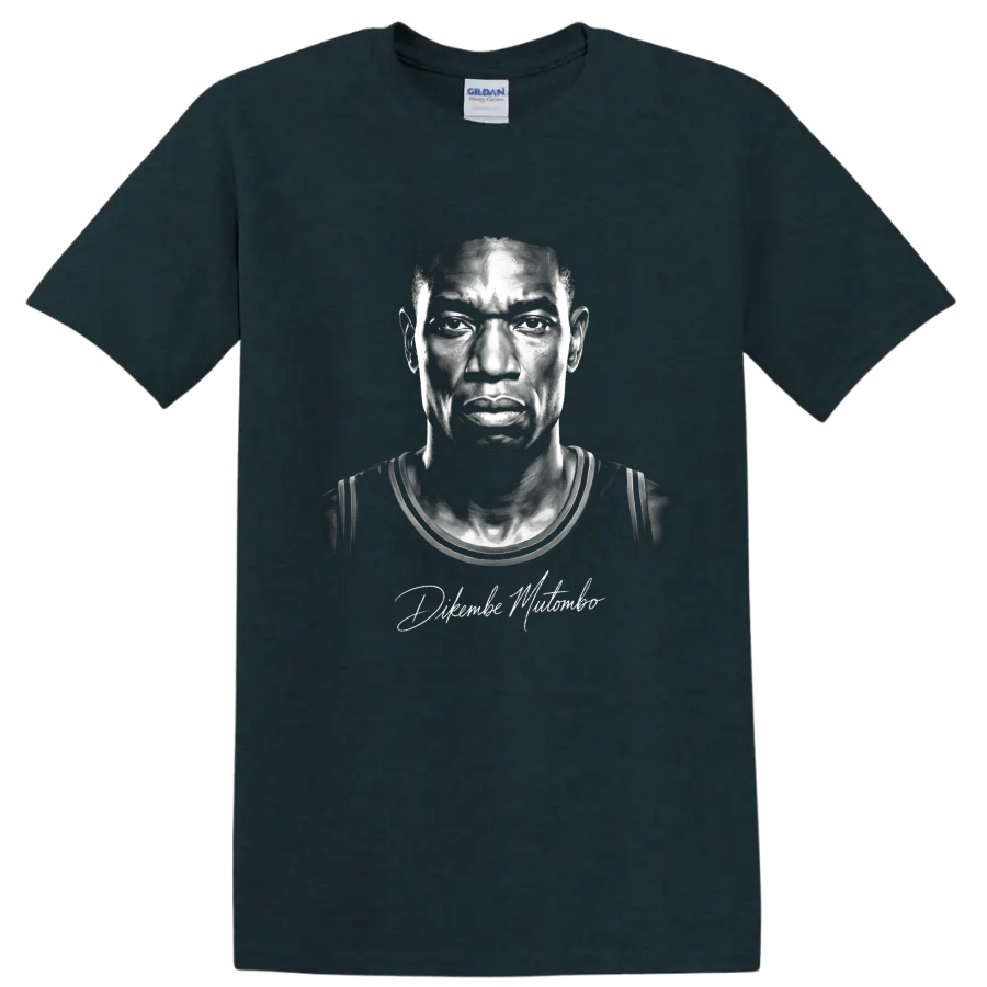 Dikembe Mutombo black-and-white illustrated basketball portrait with signature detail on a Midnight (Green) T Shirt