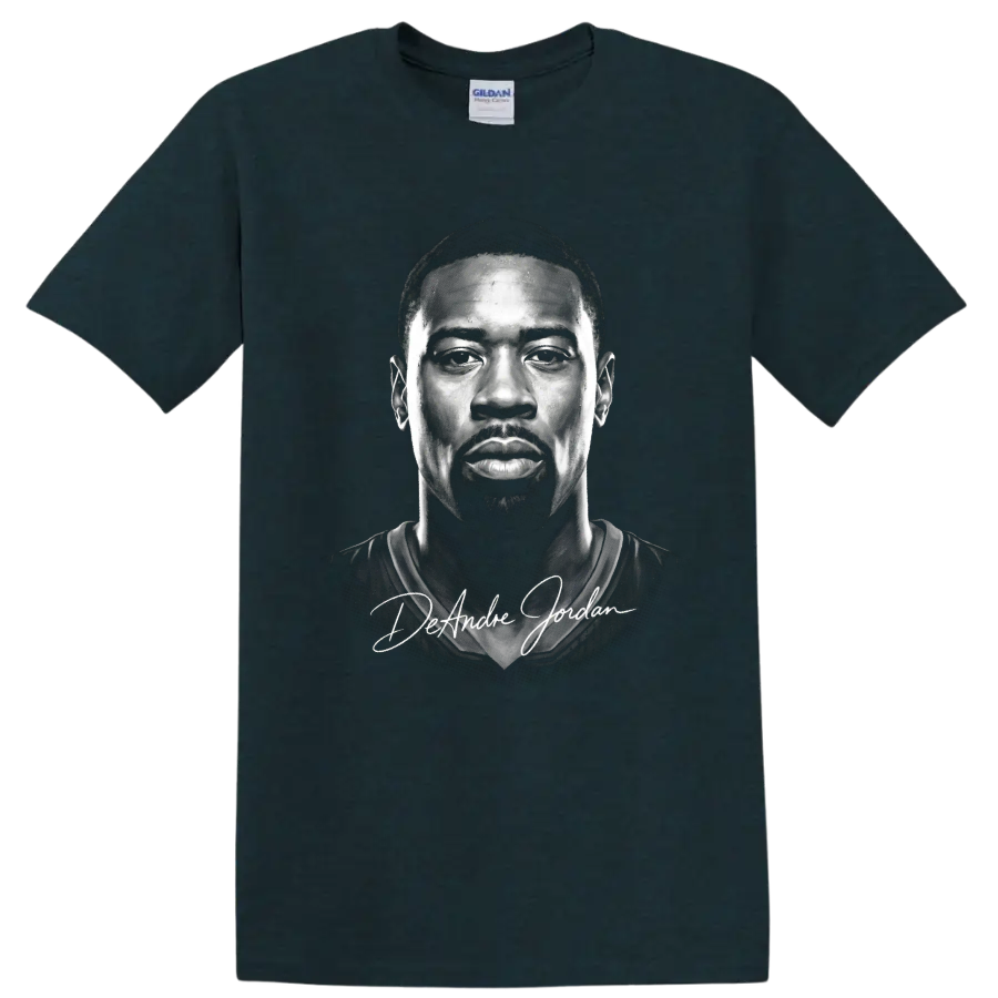 Monochrome DeAndre Jordan portrait with signature-style name lettering on a Midnight (Green) T Shirt