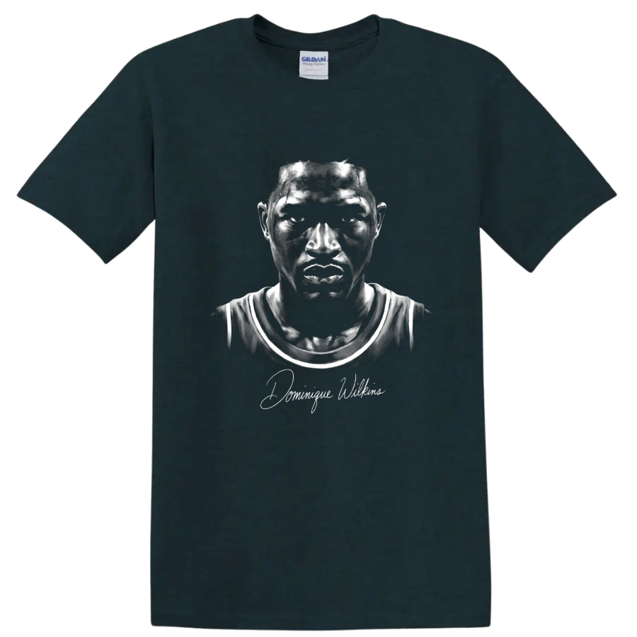 Monochrome Dominique Wilkins Atlanta Hawks #21 basketball portrait with signature on a Midnight (Green) T Shirt
