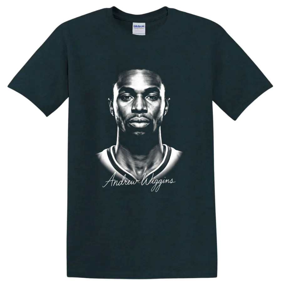 Andrew Wiggins monochrome basketball portrait with signature-style lettering on a Midnight (Green) T Shirt