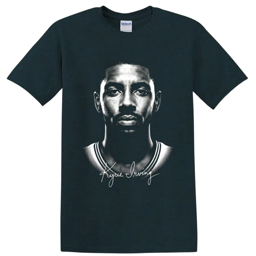 Kyrie Irving Cleveland Cavaliers #2 monochrome portrait with signature-style lettering on a Midnight (Green) T Shirt