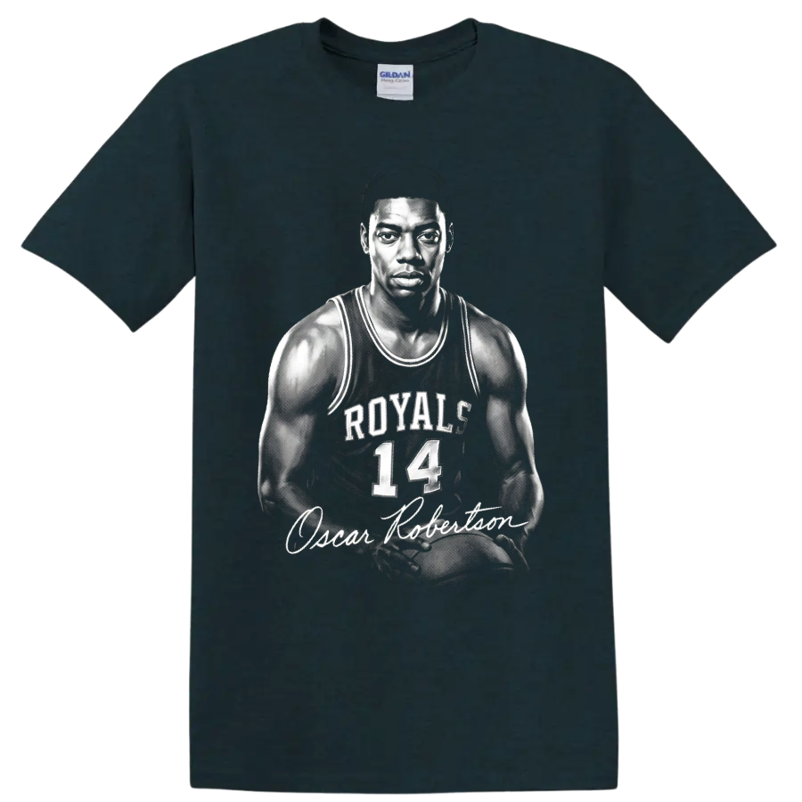 Oscar Robertson Cincinnati Royals No. 14 monochrome basketball portrait with signature on a Midnight (Green) T Shirt