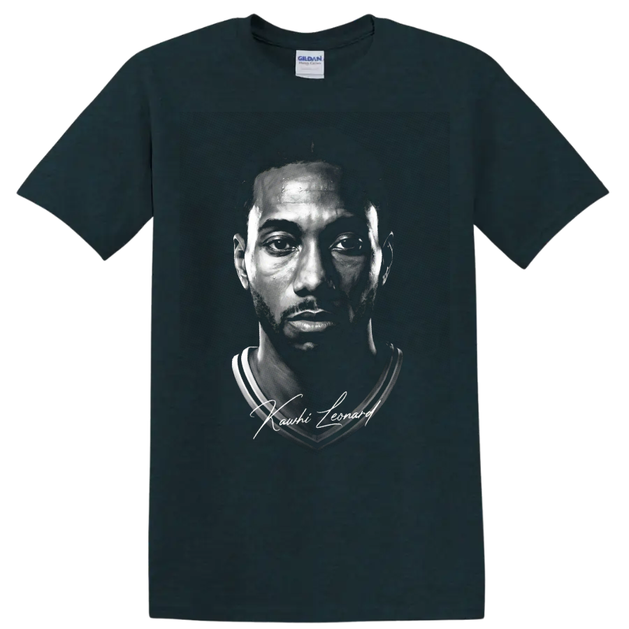 Kawhi Leonard black-and-white basketball portrait with signature-style lettering on a Midnight (Green) T Shirt