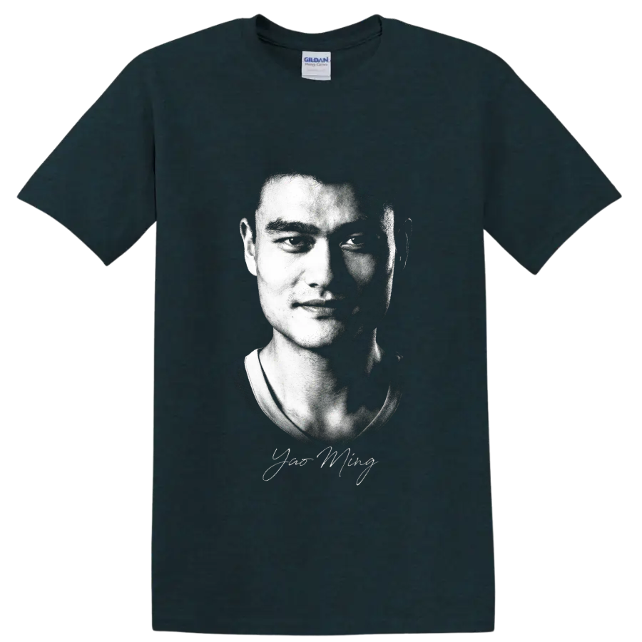 Yao Ming black-and-white halftone portrait with signature-style detail on a Midnight (Green) T Shirt