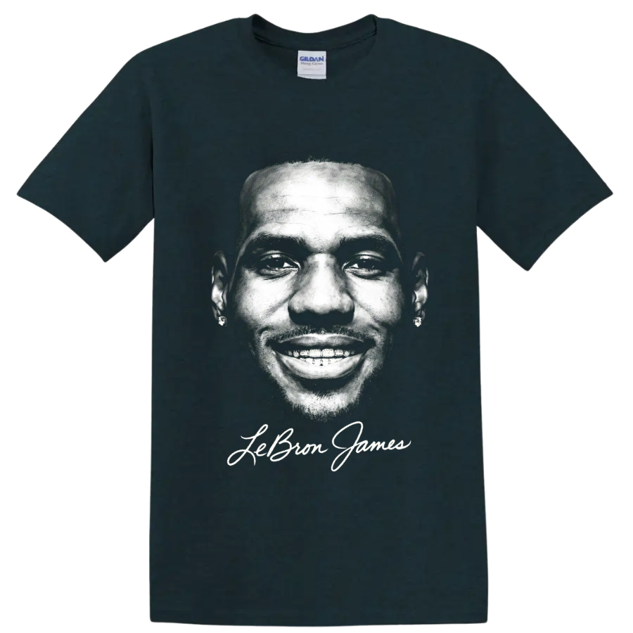 Monochrome LeBron James portrait with signature-style name lettering on a Midnight (Green) T Shirt