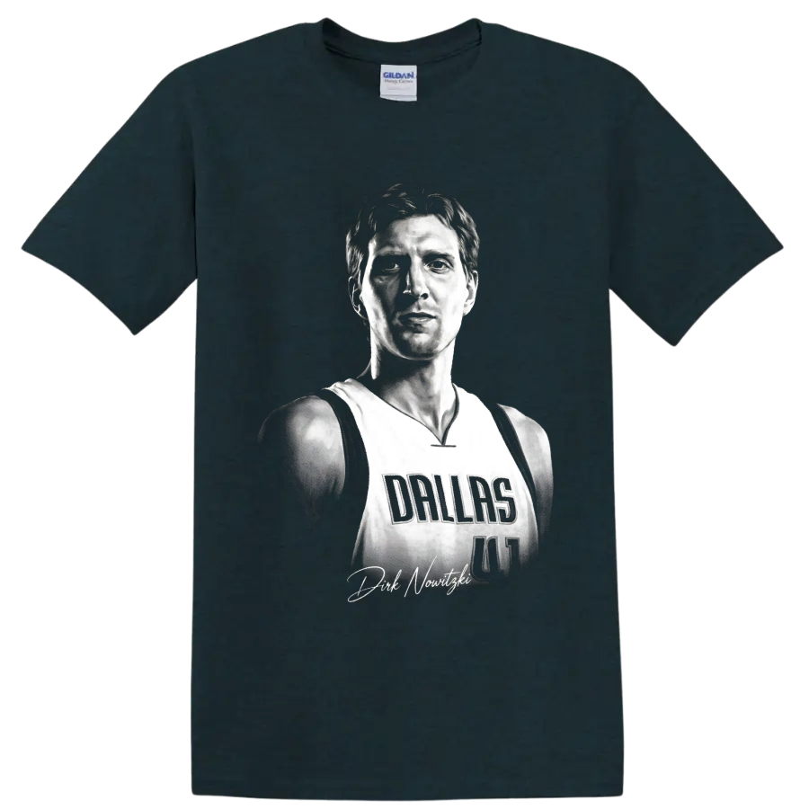Black-and-white Dirk Nowitzki Dallas Mavericks number 41 portrait with signature detail on a Midnight (Green) T Shirt