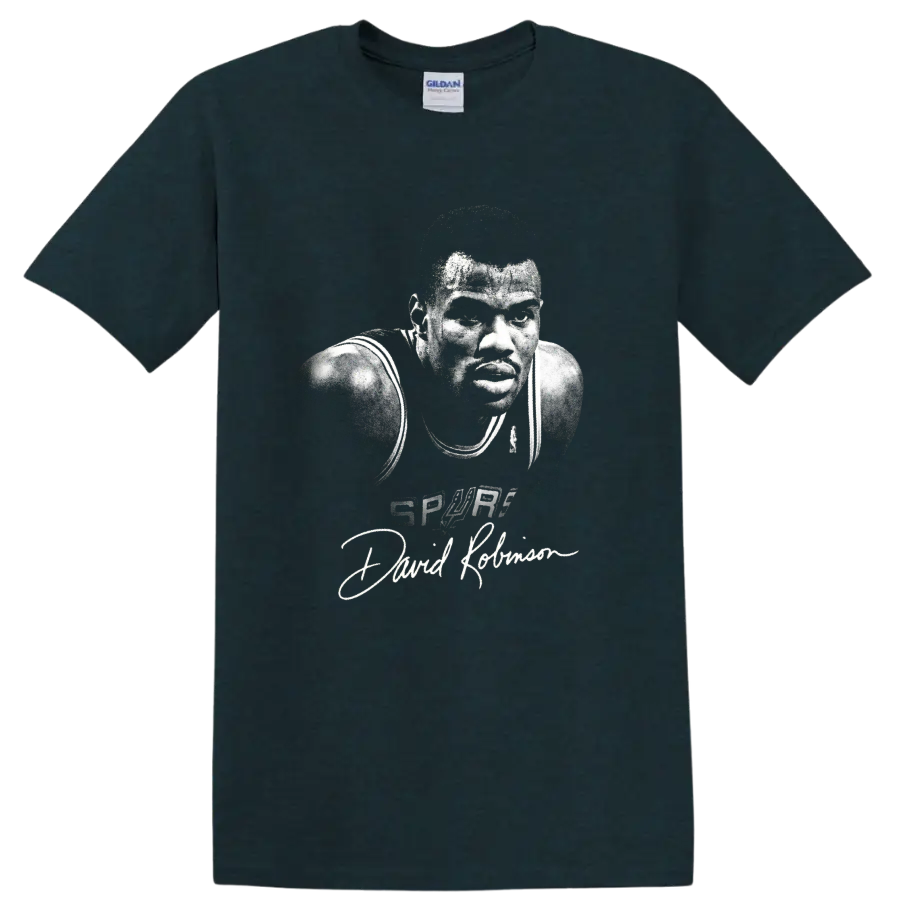 Gritty black-and-white David Robinson Spurs Number 50 basketball portrait with signature on a Midnight (Green) T Shirt