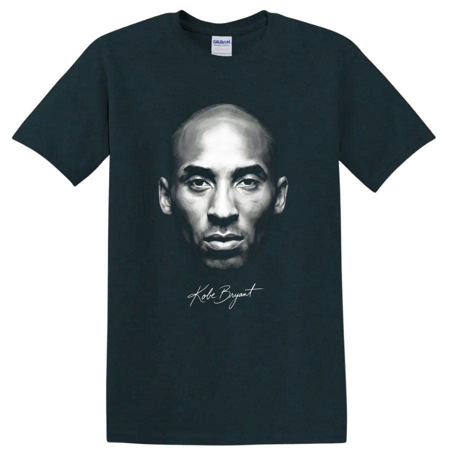 Kobe Bryant black-and-white portrait graphic with signature-style script on a Midnight (Green) T Shirt