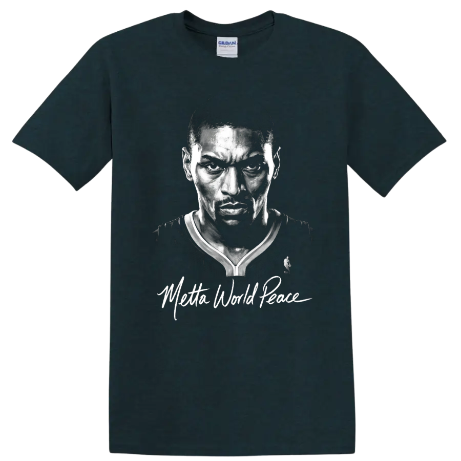 Metta World Peace monochrome basketball portrait with signature-style script on a Midnight (Green) T Shirt