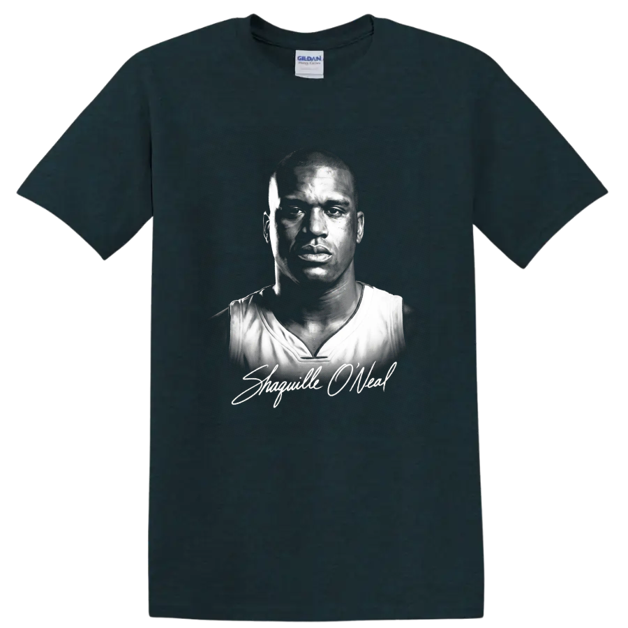 Monochrome Shaquille O'Neal basketball portrait with signature-style script on a Midnight (Green) T Shirt