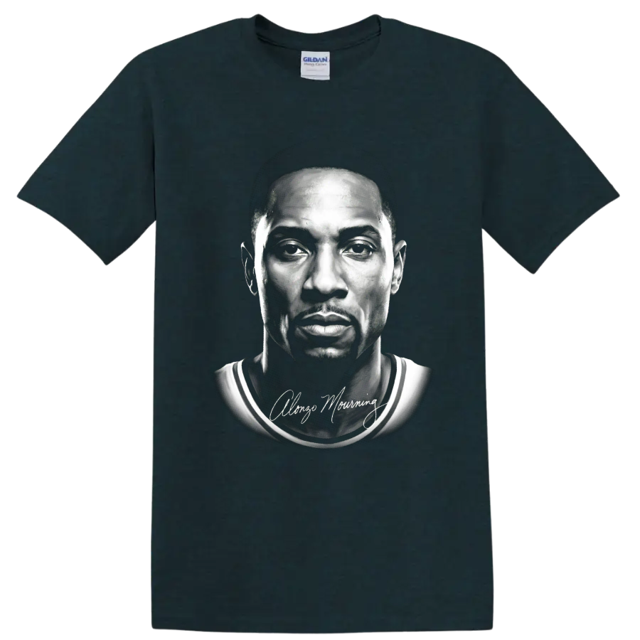 Monochrome Alonzo Mourning Miami Heat No. 33 basketball portrait with signature on a Midnight (Green) T Shirt