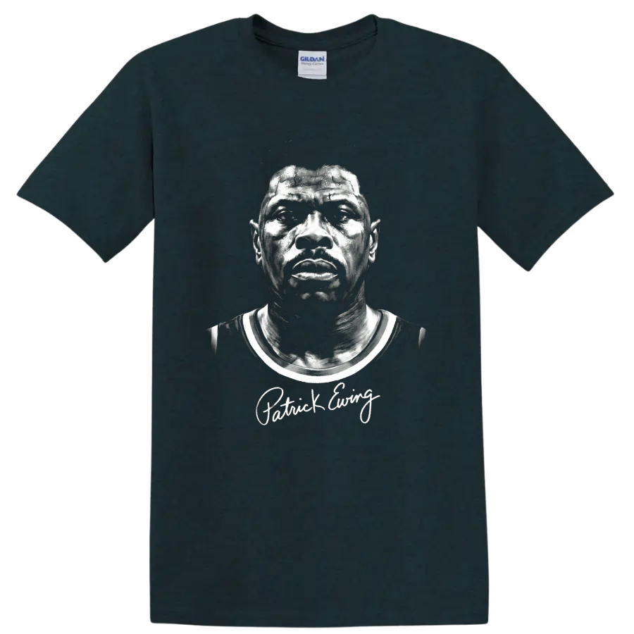 Monochrome Patrick Ewing basketball portrait with distressed vintage sports styling on a Midnight (Green) T Shirt
