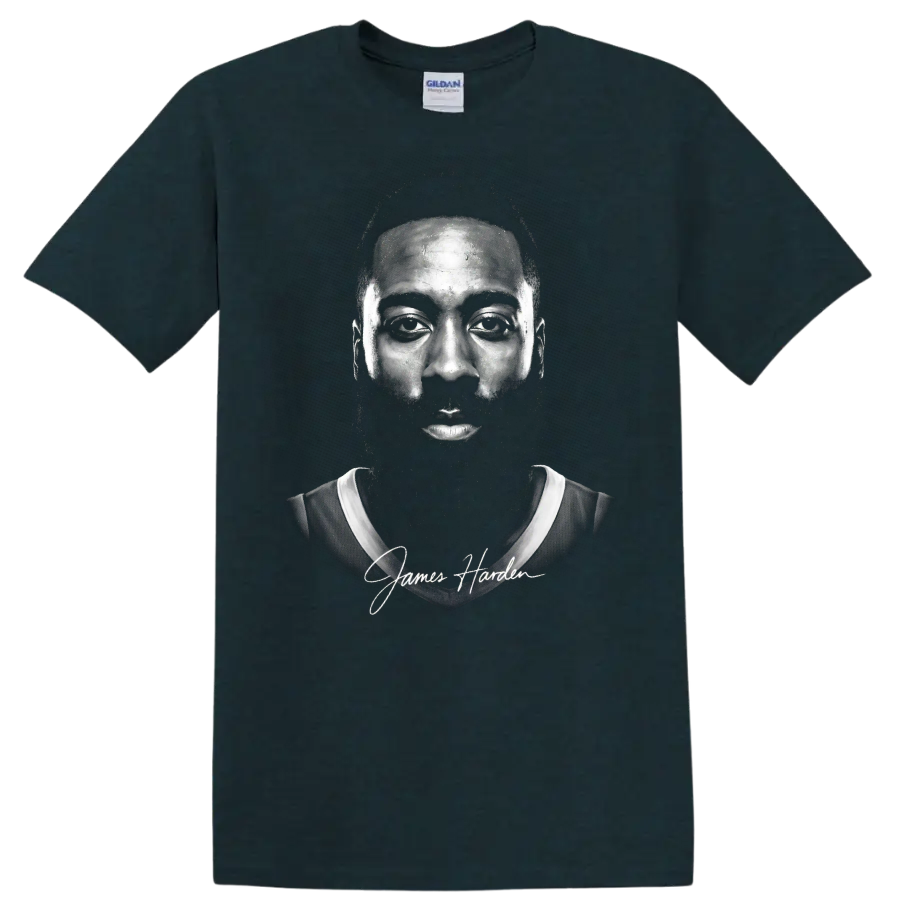 James Harden monochrome basketball portrait with script signature on a Midnight (Green) T Shirt