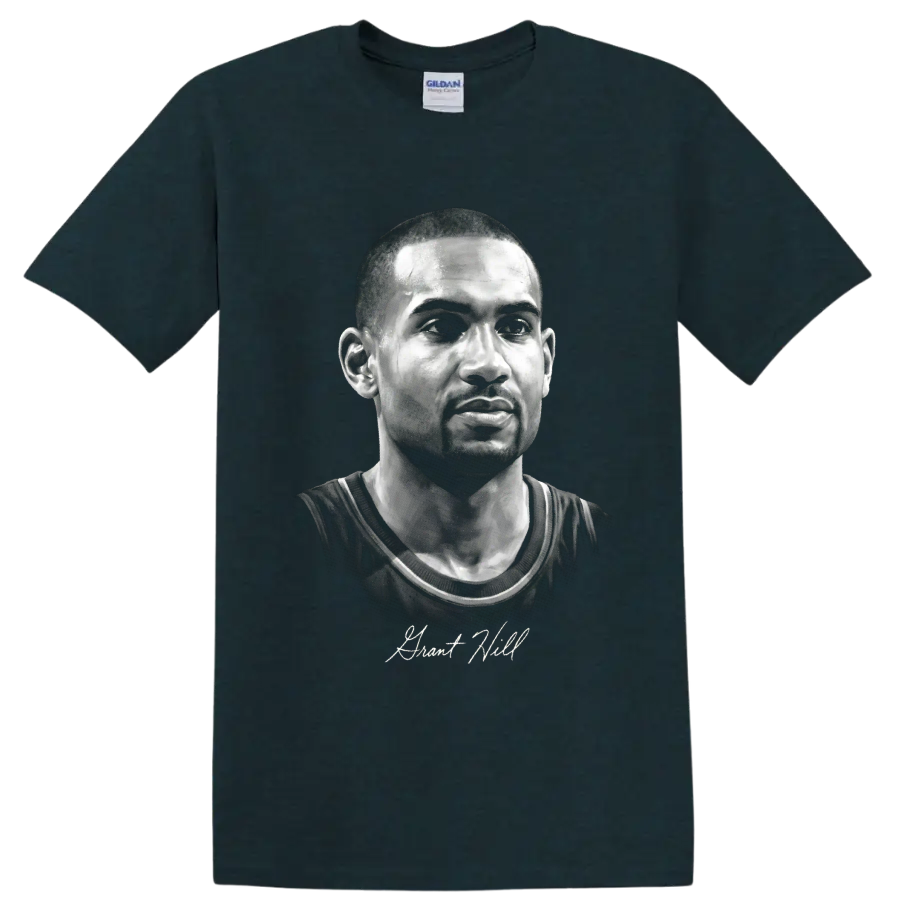 Grayscale Grant Hill basketball portrait with signature-style lettering on a Midnight (Green) T Shirt