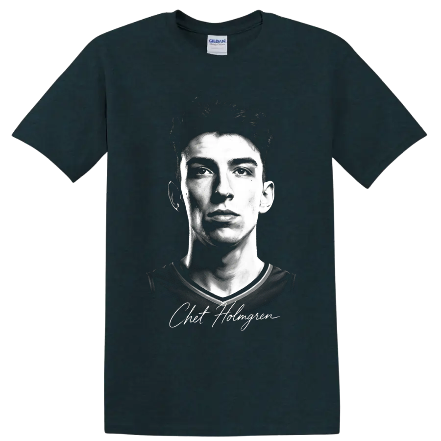 Chet Holmgren black-and-white basketball portrait with signature-style name text on a Midnight (Green) T Shirt