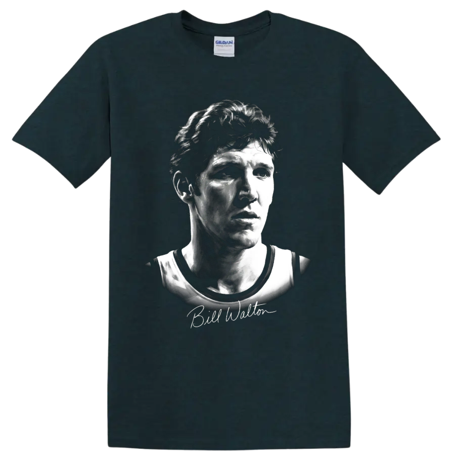 Black-and-white Bill Walton basketball portrait with signature-style script on a Midnight (Green) T Shirt