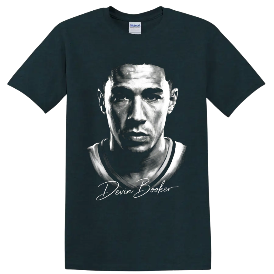 Monochrome Devin Booker basketball portrait with signature-style lettering on a Midnight (Green) T Shirt