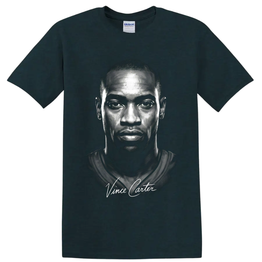 High-contrast Vince Carter portrait with signature-style lettering on a Midnight (Green) T Shirt