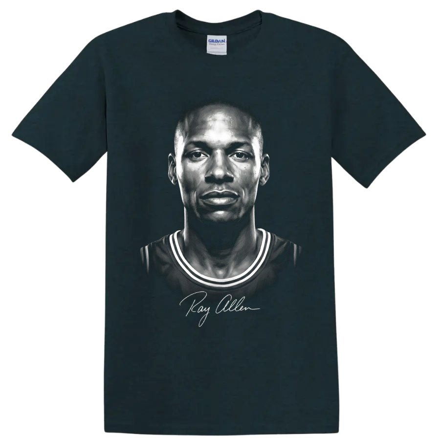 Monochrome Ray Allen Boston Celtics No. 20 basketball portrait with signature on a Midnight (Green) T Shirt