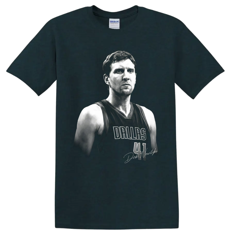 Black-and-white Dirk Nowitzki Dallas Mavericks No. 41 portrait graphic on a Midnight (Green) T Shirt