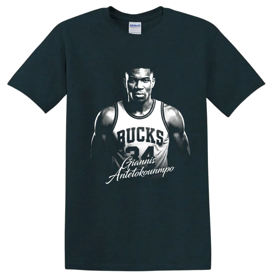 Giannis Antetokounmpo in Bucks number 34 jersey, monochrome portrait graphic on a Midnight (Green) T Shirt