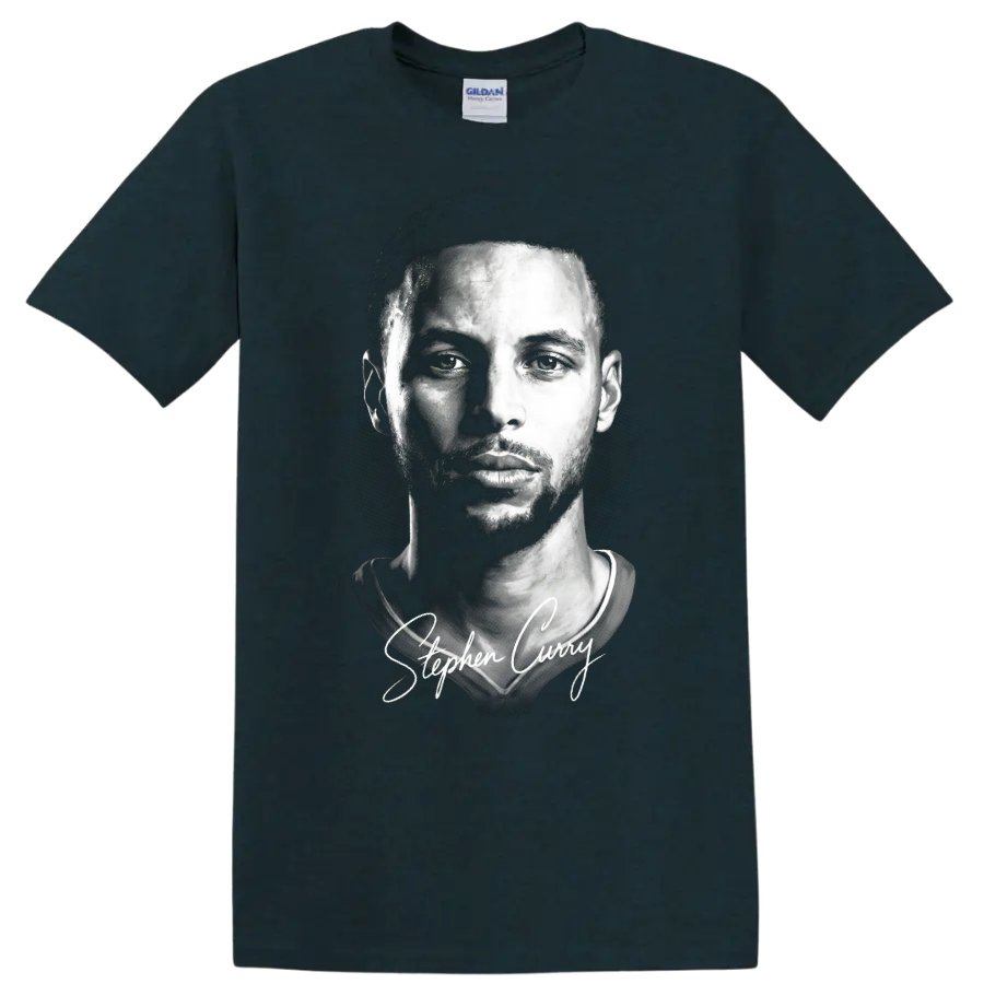 Stephen Curry black-and-white portrait with cursive signature on a Midnight (Green) T Shirt