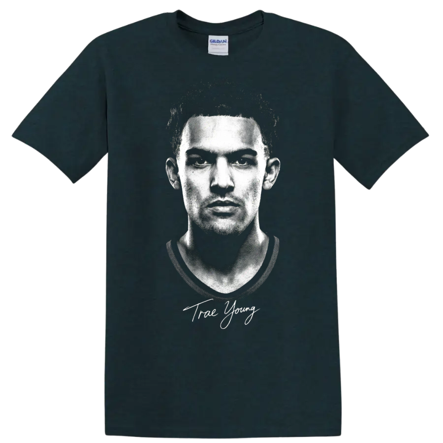 Trae Young black-and-white portrait with signature-style lettering on a Midnight (Green) T Shirt