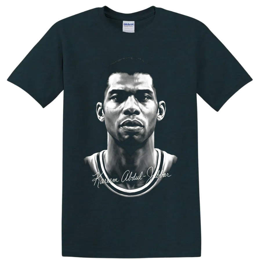 Kareem Abdul-Jabbar monochrome Lakers No. 33 portrait with signature-style lettering on a Midnight (Green) T Shirt
