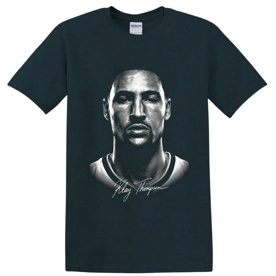 Klay Thompson monochrome basketball portrait with signature-style lettering on a Midnight (Green) T Shirt