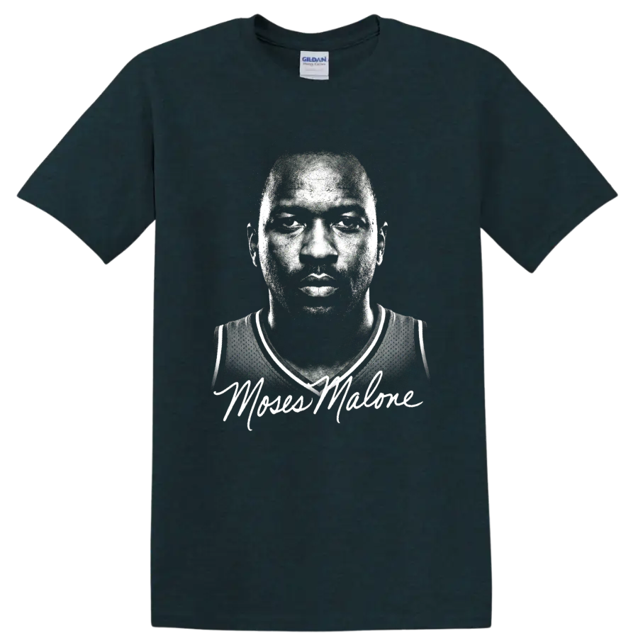 Moses Malone black-and-white halftone basketball portrait with signature-style script on a Midnight (Green) T Shirt