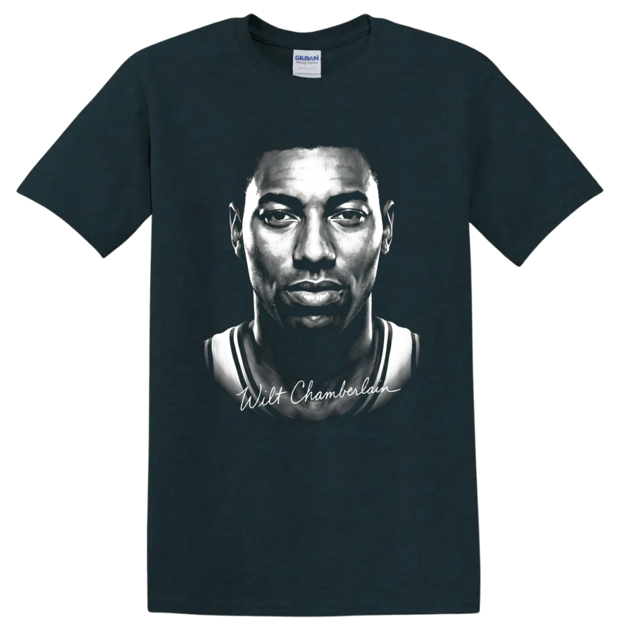 Wilt Chamberlain black-and-white basketball portrait with signature-style text on a Midnight (Green) T Shirt