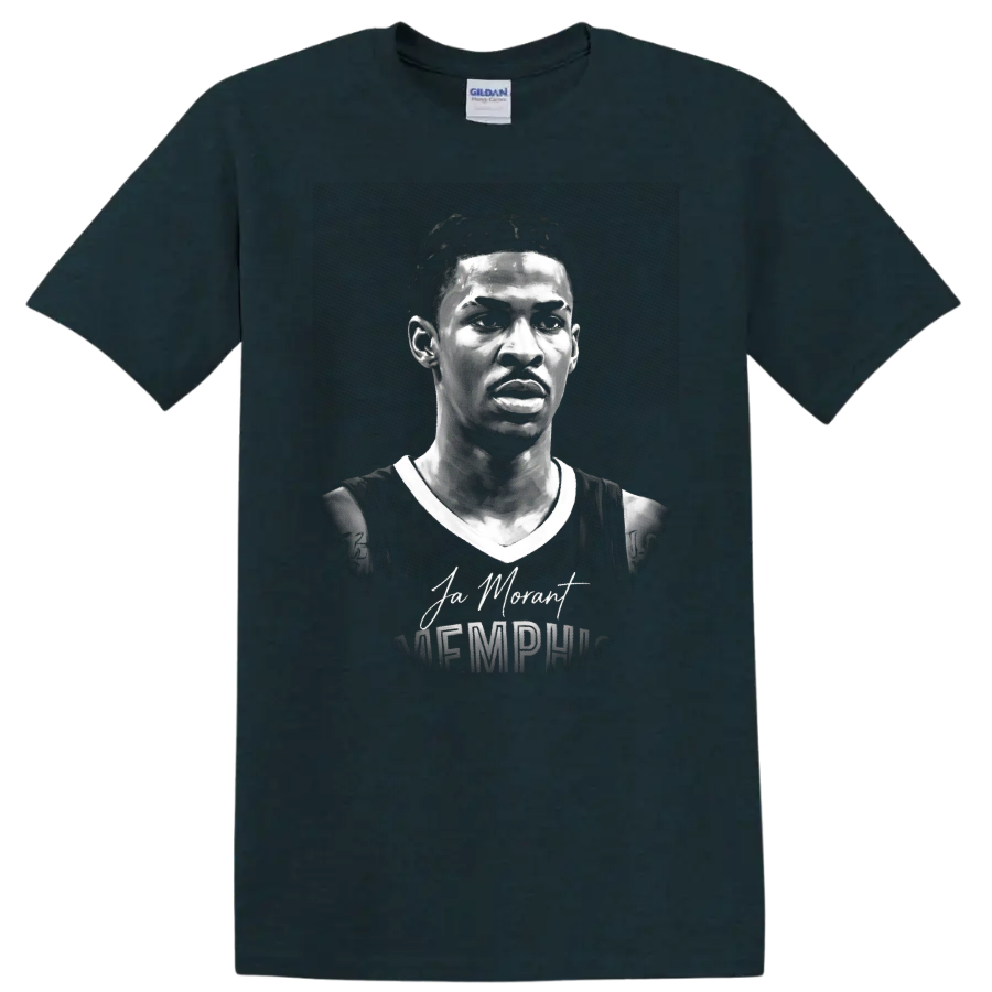 Ja Morant Memphis basketball portrait with signature and Memphis lettering on a Midnight (Green) T Shirt