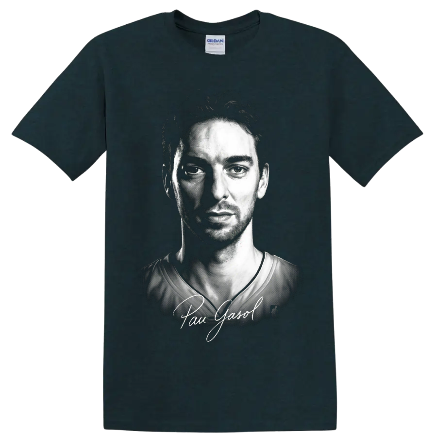 Black-and-white Pau Gasol basketball portrait with signature-style lettering on a Midnight (Green) T Shirt
