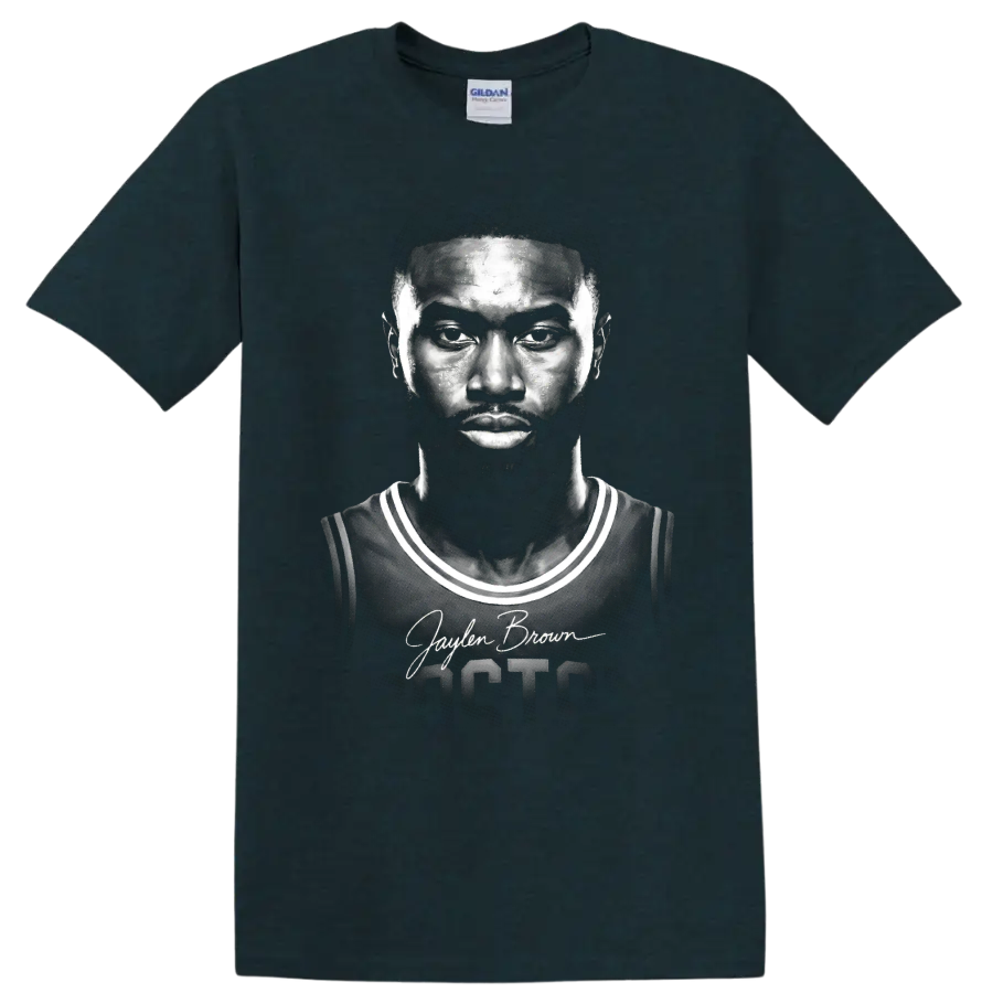 Jaylen Brown Boston Celtics number 7 monochrome basketball portrait with signature on a Midnight (Green) T Shirt