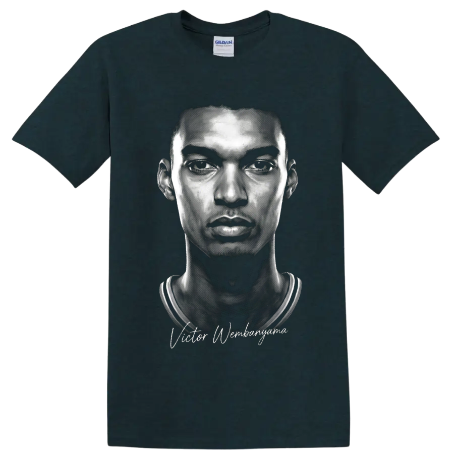 Black-and-white Victor Wembanyama basketball portrait with signature-style lettering on a Midnight (Green) T Shirt