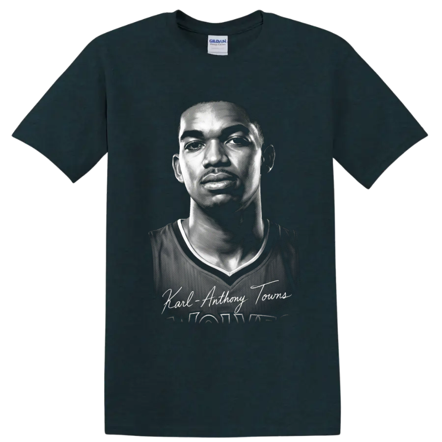 Black-and-white Karl-Anthony Towns basketball portrait with signature-style name text on a Midnight (Green) T Shirt