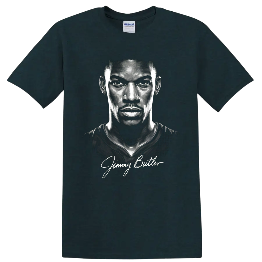Grayscale Jimmy Butler basketball portrait illustration with cursive signature on a Midnight (Green) T Shirt