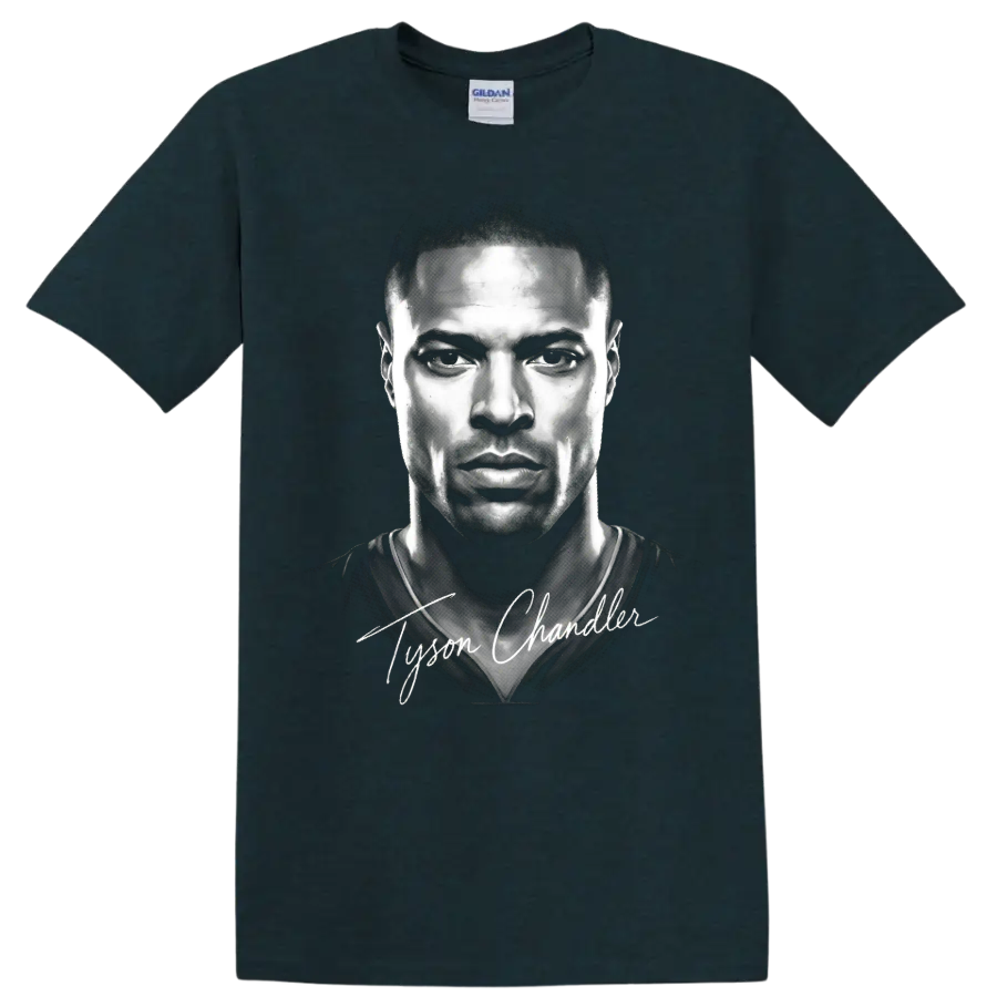 Grayscale Tyson Chandler basketball portrait with white signature script on a Midnight (Green) T Shirt