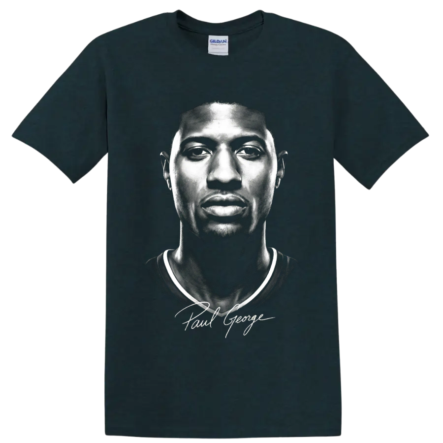 Black-and-white Paul George basketball portrait with signature-style script on a Midnight (Green) T Shirt