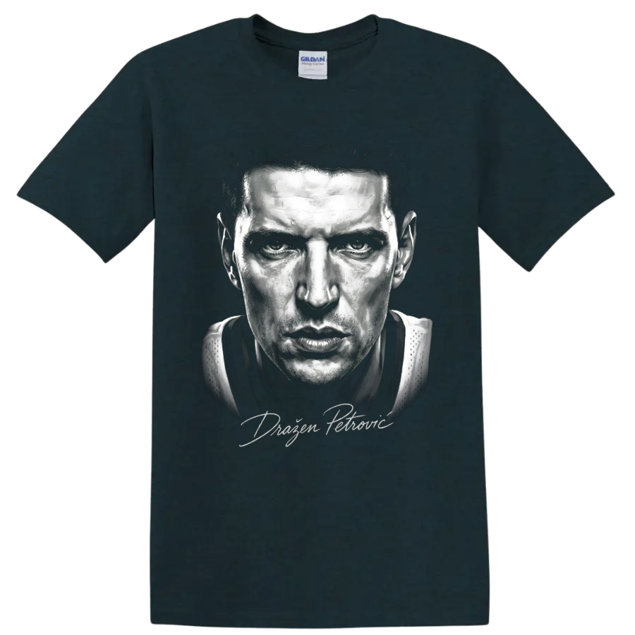 Dražen Petrović New Jersey Nets No. 3 black-and-white basketball portrait on a Midnight (Green) T Shirt