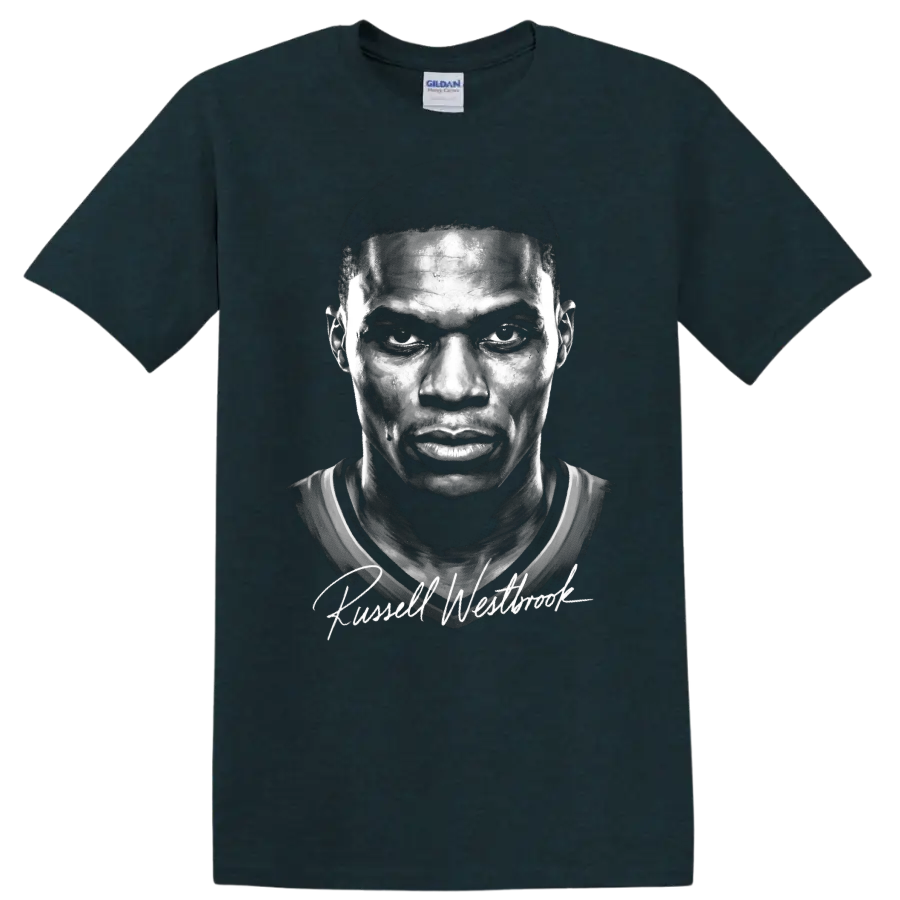 Russell Westbrook monochrome basketball portrait with signature-style lettering on a Midnight (Green) T Shirt